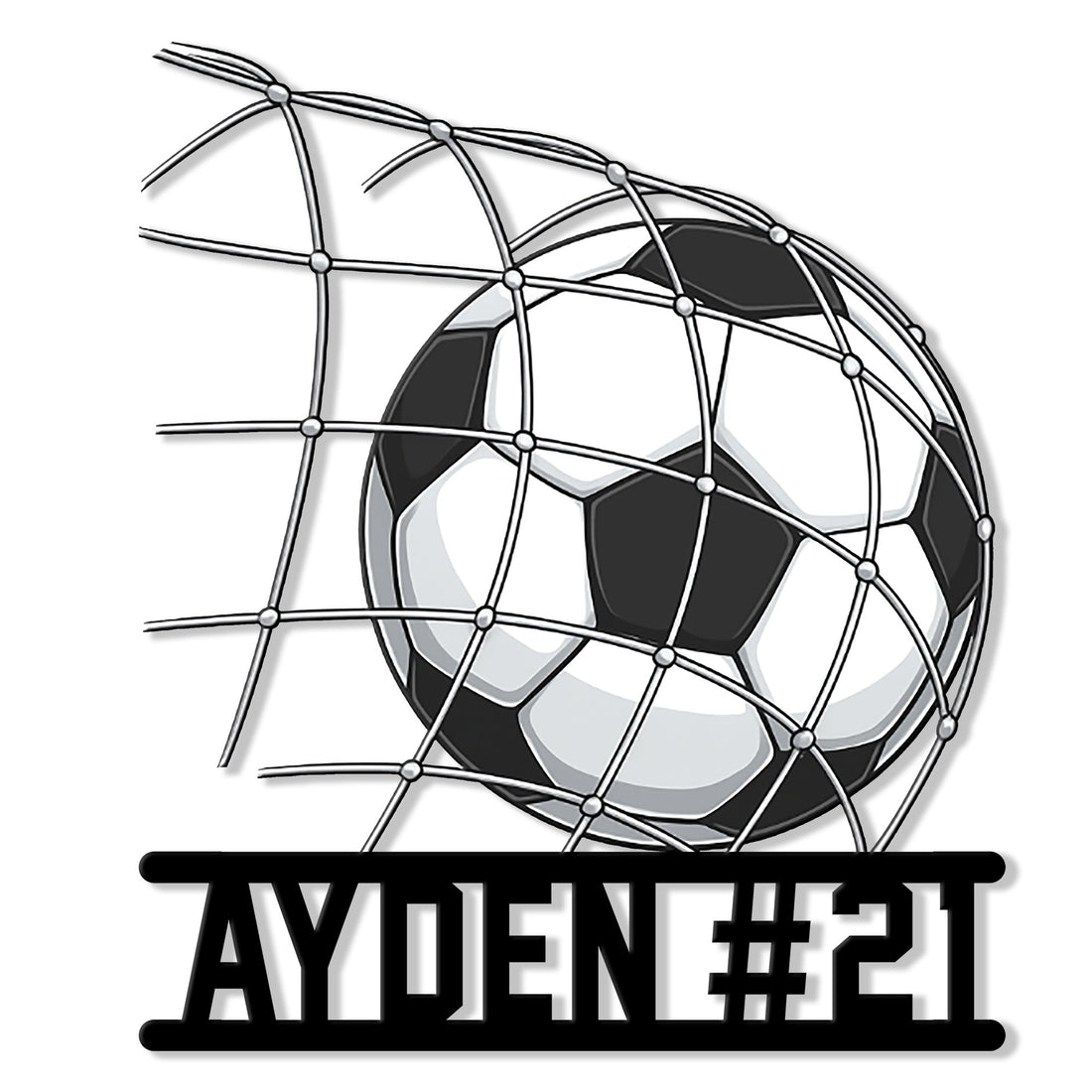 Soccer metal sign featuring a classic soccer ball caught in a goal net