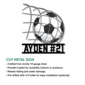 Soccer ball and goal net metal sign shown in a product feature graphic