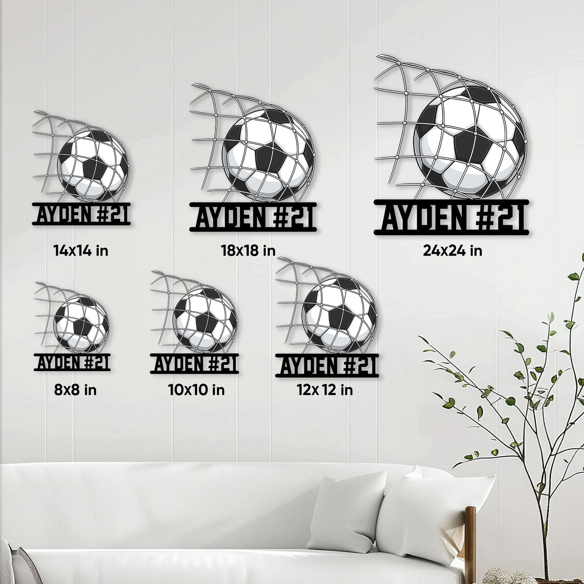 Soccer metal sign size guide showing available square size options from 8 to 24 inches