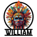 Colorful Native American-inspired feathered mask metal sign in a bold circular frame