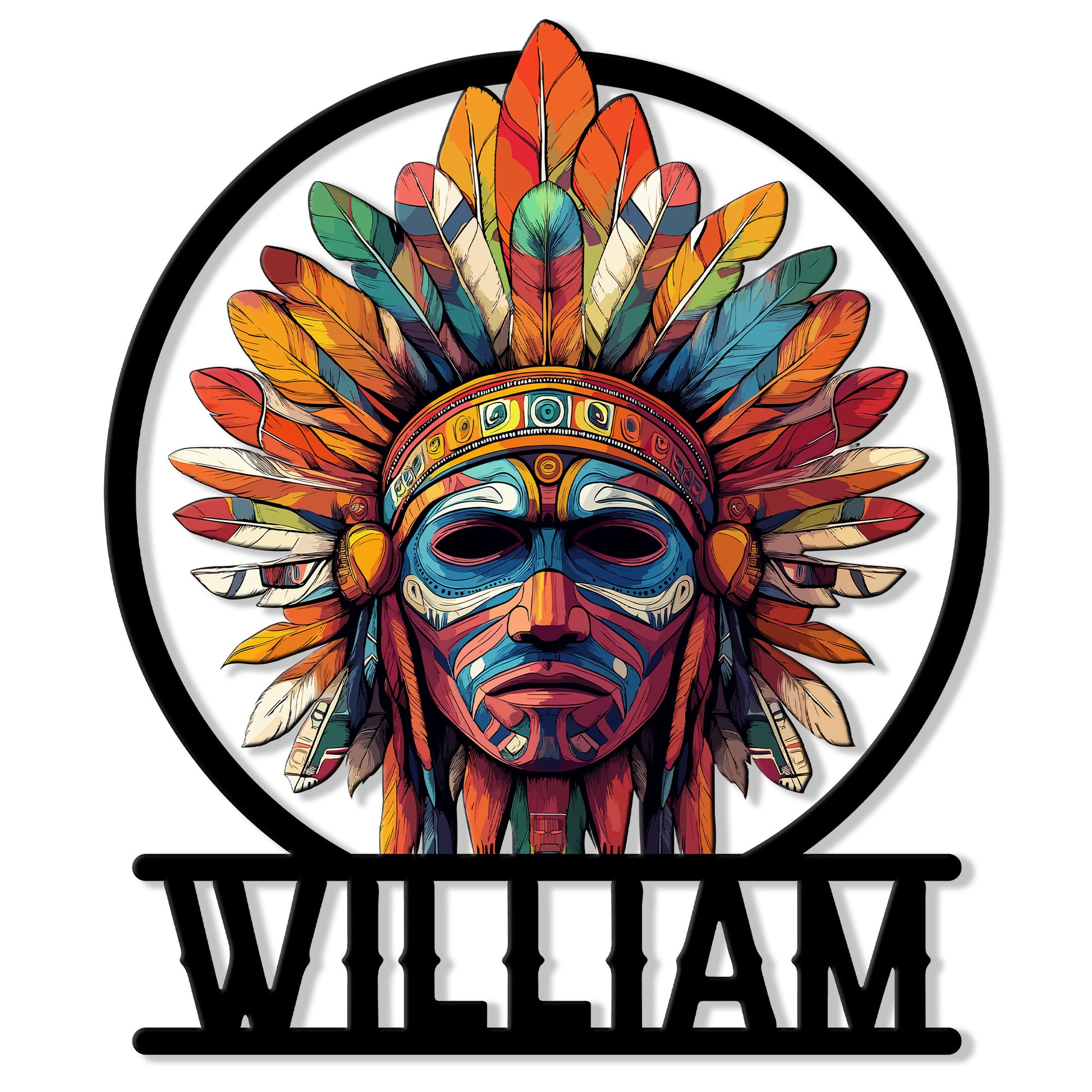 Colorful Native American-inspired feathered mask metal sign in a bold circular frame
