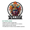 Native American-inspired feathered mask metal sign shown with cut steel sign features and wall-mount design