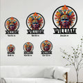 Native American-inspired feathered mask metal sign shown in multiple size options on a living room wall