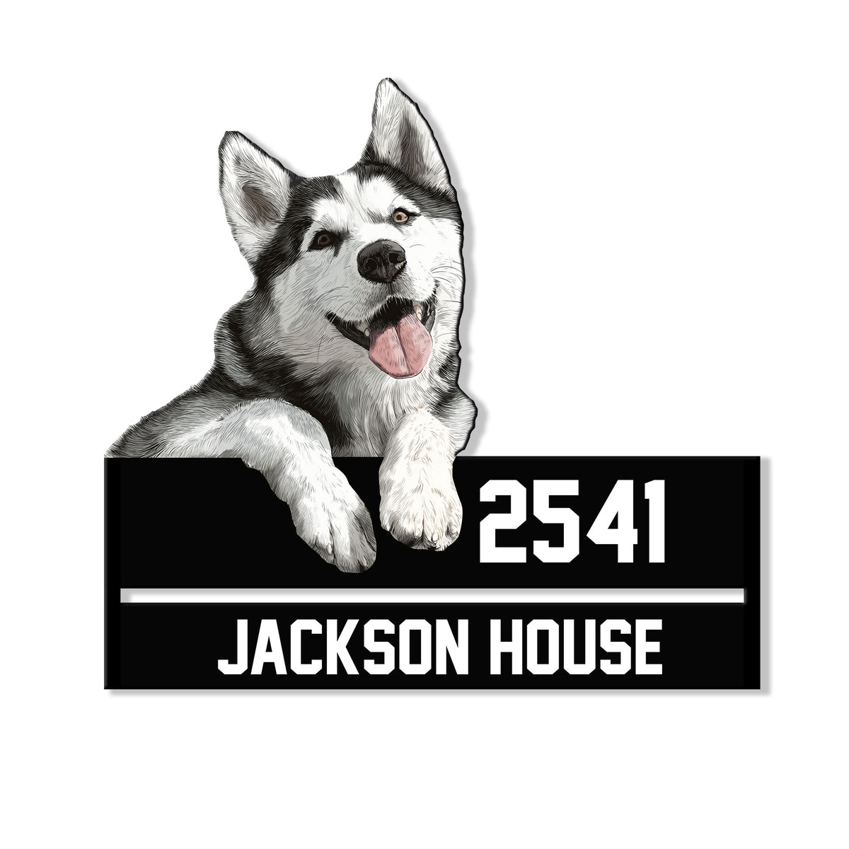 Custom husky metal sign featuring a detailed happy Siberian Husky portrait above a bold house-style plaque
