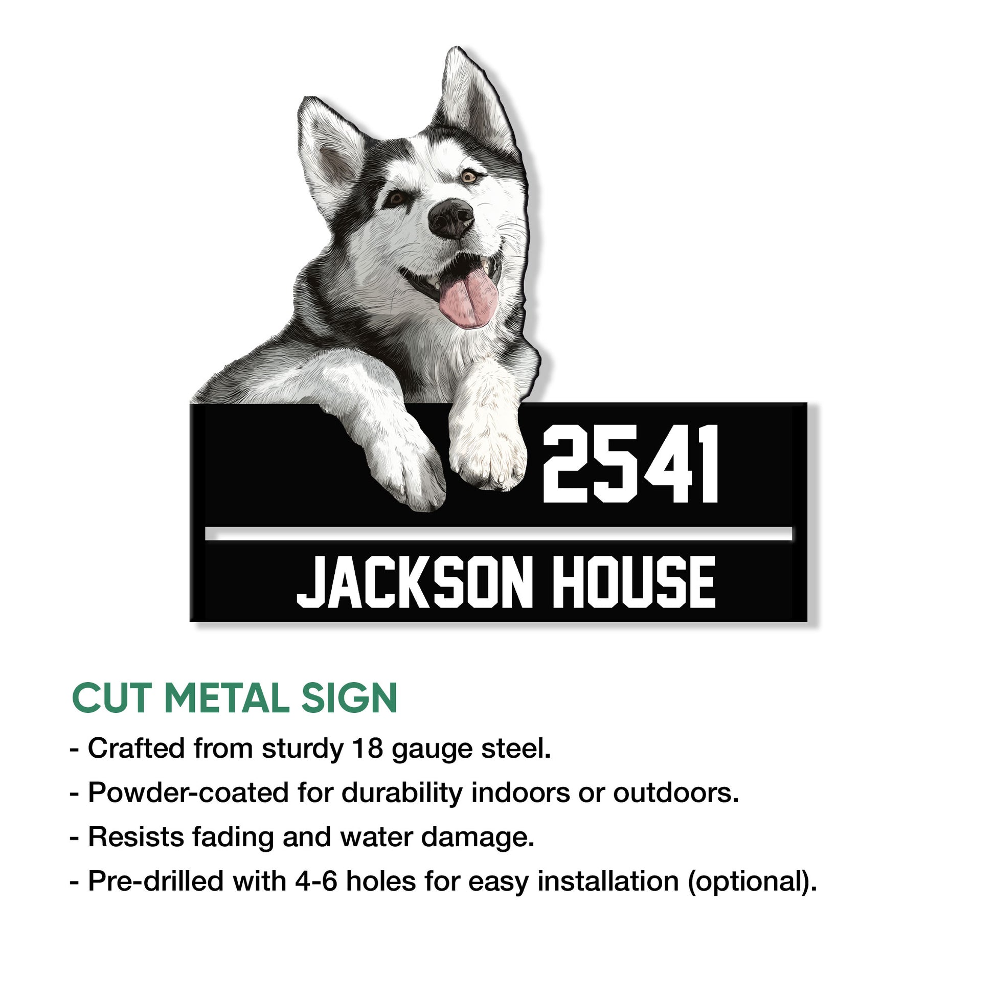 Husky metal sign product feature graphic showing the dog portrait and black cut-metal plaque design