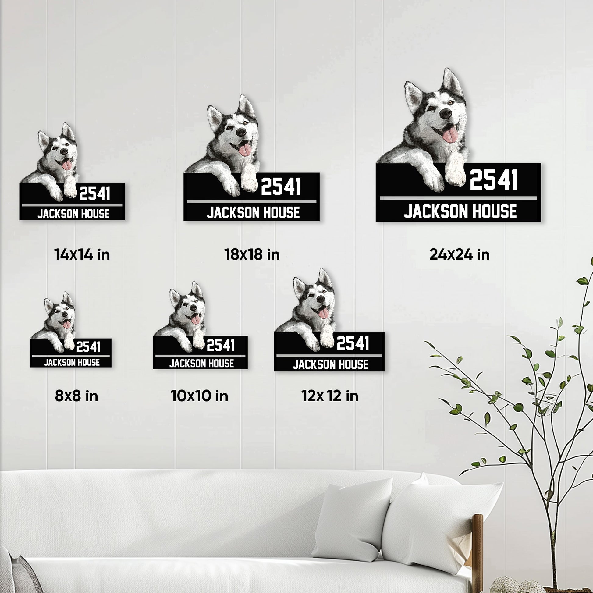 Husky metal sign size guide showing multiple square size options arranged on a living room wall