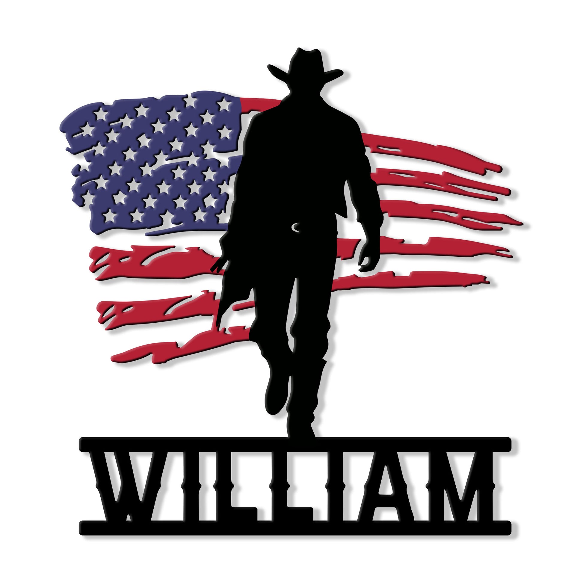 Patriotic cowboy silhouette metal sign with a distressed American flag and bold Western design