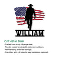 Cowboy metal sign feature graphic showing the patriotic silhouette design and product presentation details