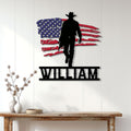 Patriotic cowboy metal wall sign displayed above a rustic console table in a bright home entryway