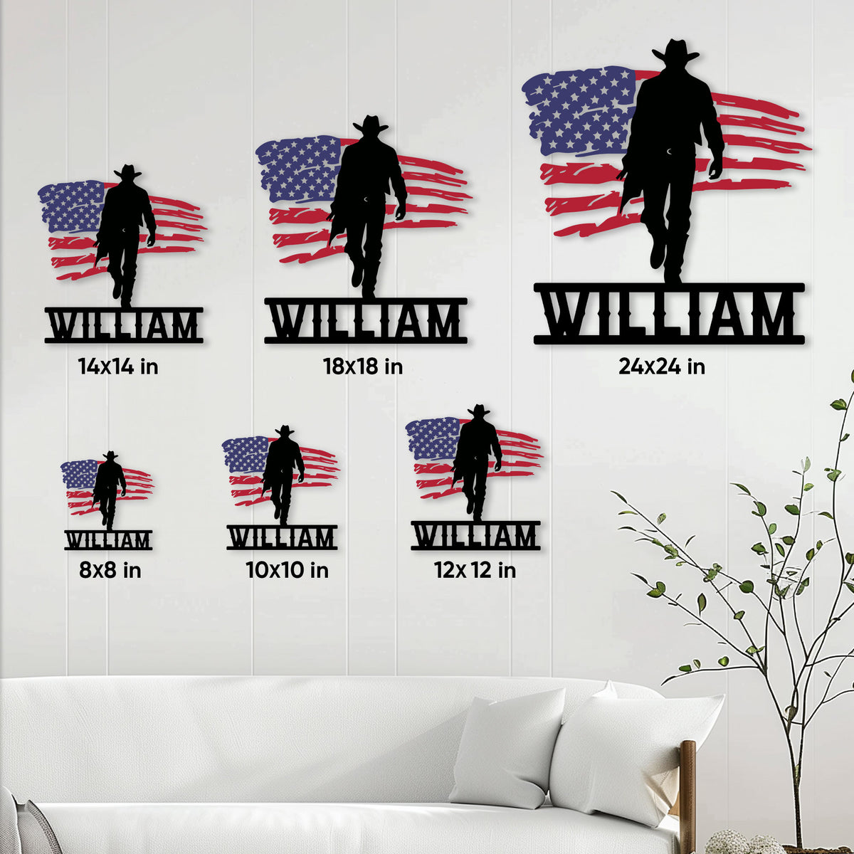 Cowboy metal sign size guide showing available square sizes from 8 by 8 to 24 by 24 inches
