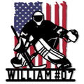 Custom hockey goalie metal sign featuring a masked goaltender, crossed sticks, and a patriotic flag backdrop