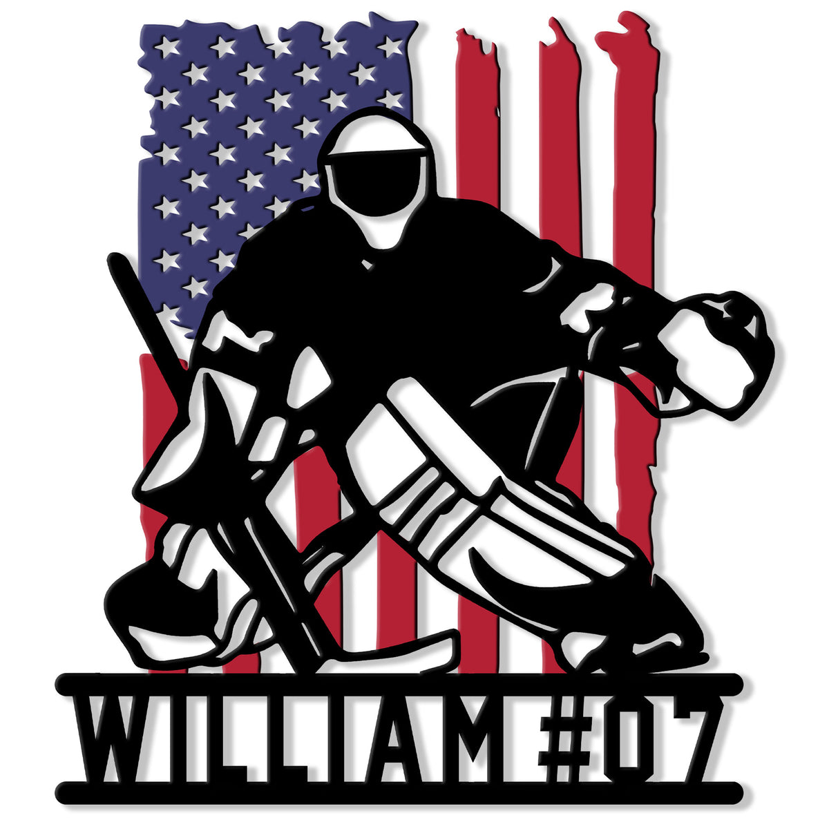 Custom hockey goalie metal sign featuring a masked goaltender, crossed sticks, and a patriotic flag backdrop