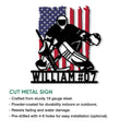 Hockey goalie metal sign shown with product feature details and a bold patriotic design