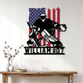 Patriotic hockey goalie metal sign displayed as wall decor in a bright home entryway