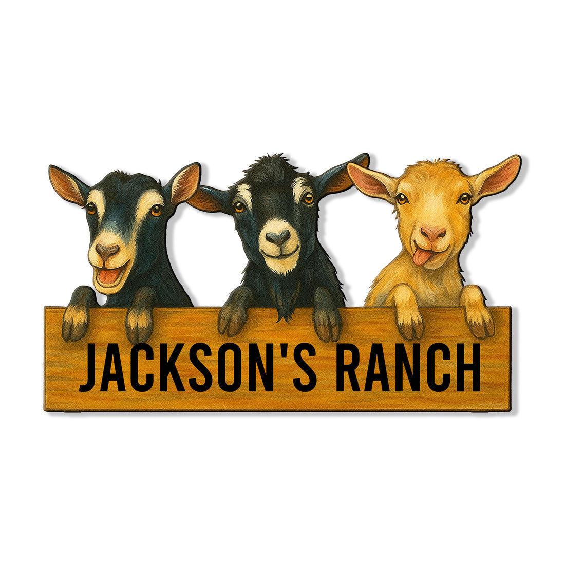 Custom goat ranch metal sign featuring three playful goats peeking over a rustic signboard