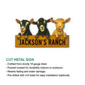 Goat ranch metal sign shown with cut-steel product features and a playful three-goat design