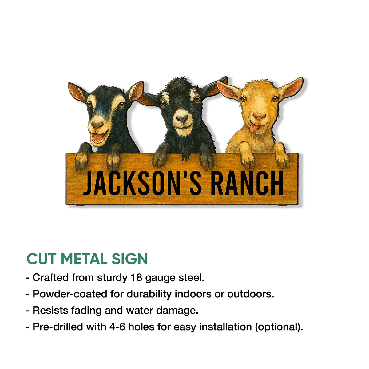 Goat ranch metal sign shown with cut-steel product features and a playful three-goat design
