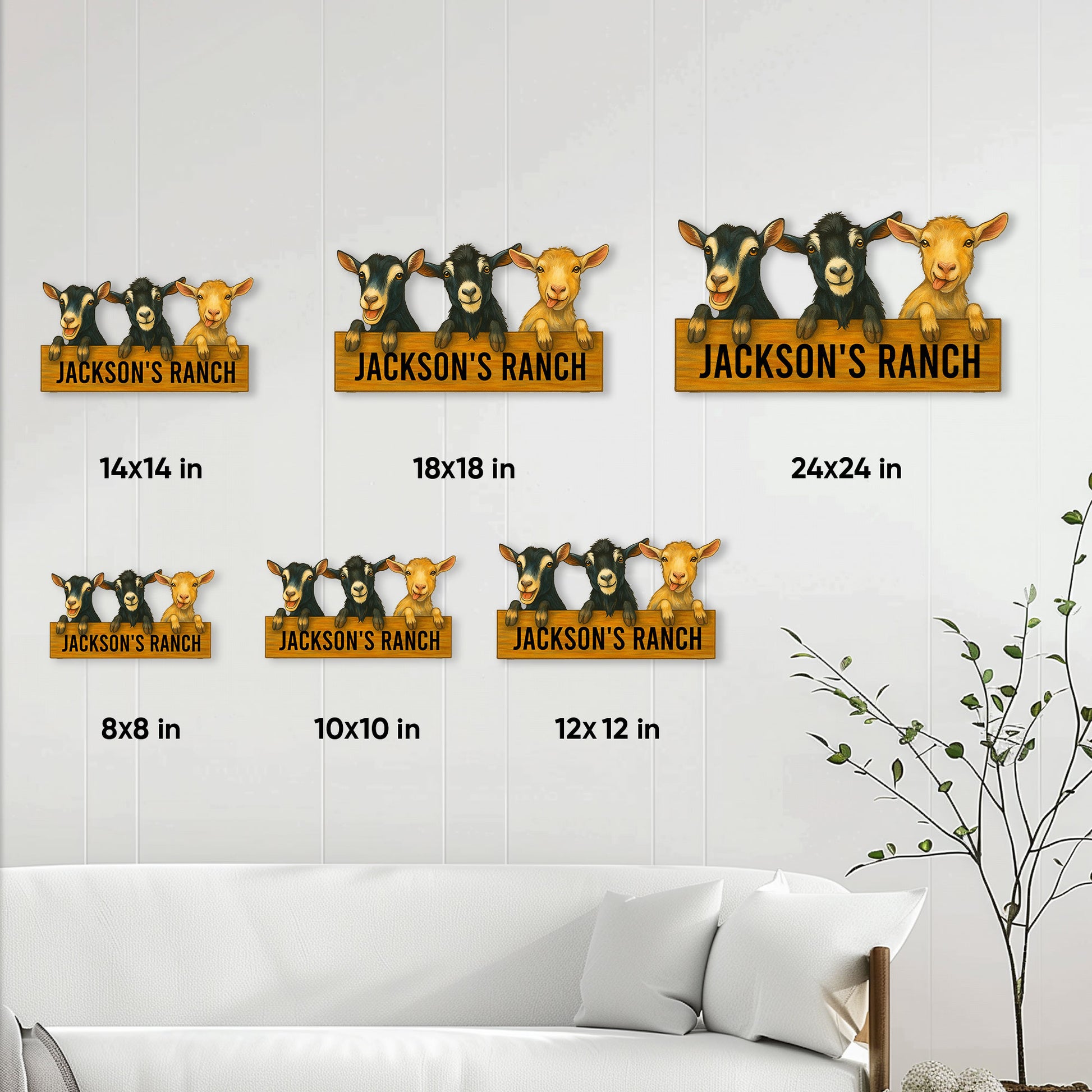 Goat ranch metal sign size guide showing available square dimensions from 8 by 8 to 24 by 24 inches