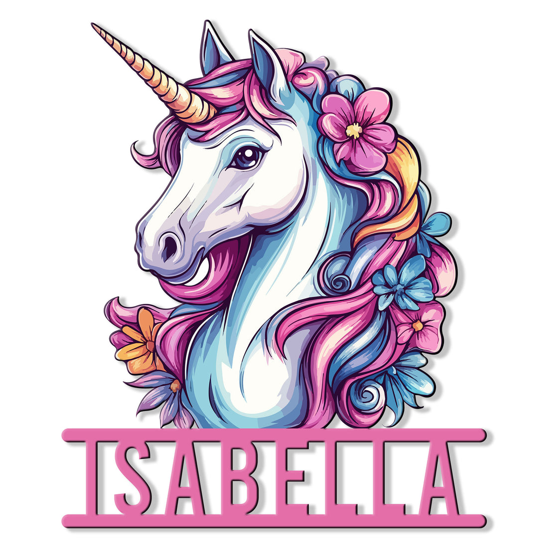 Colorful unicorn metal sign featuring a floral mane and bold pink decorative lettering