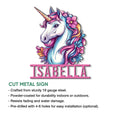 Unicorn cut metal sign product graphic showing the floral artwork and available sign features