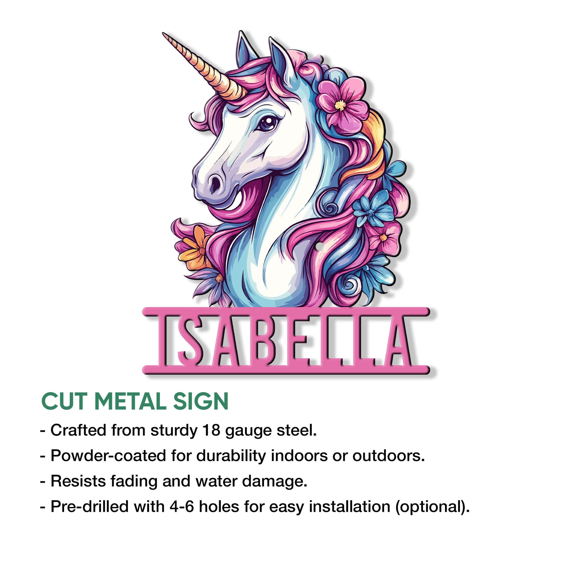 Unicorn cut metal sign product graphic showing the floral artwork and available sign features