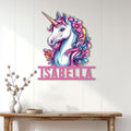 Floral unicorn metal wall sign displayed on a bright paneled wall in a home entryway