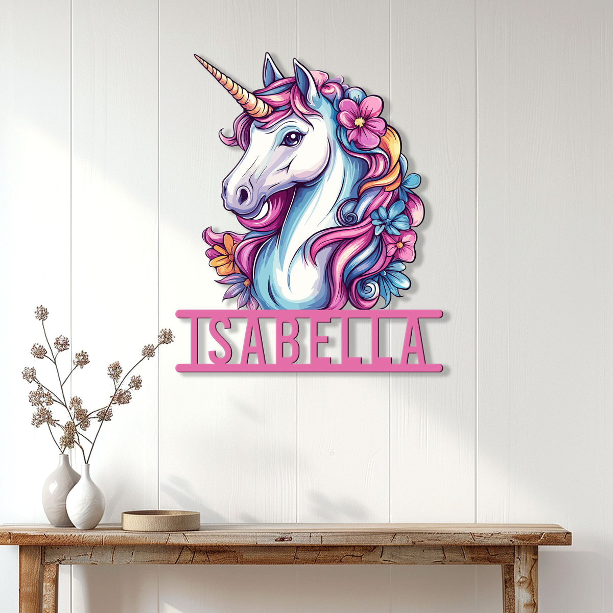 Floral unicorn metal wall sign displayed on a bright paneled wall in a home entryway