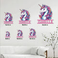 Unicorn metal sign size guide showing six square size options in a home decor setting