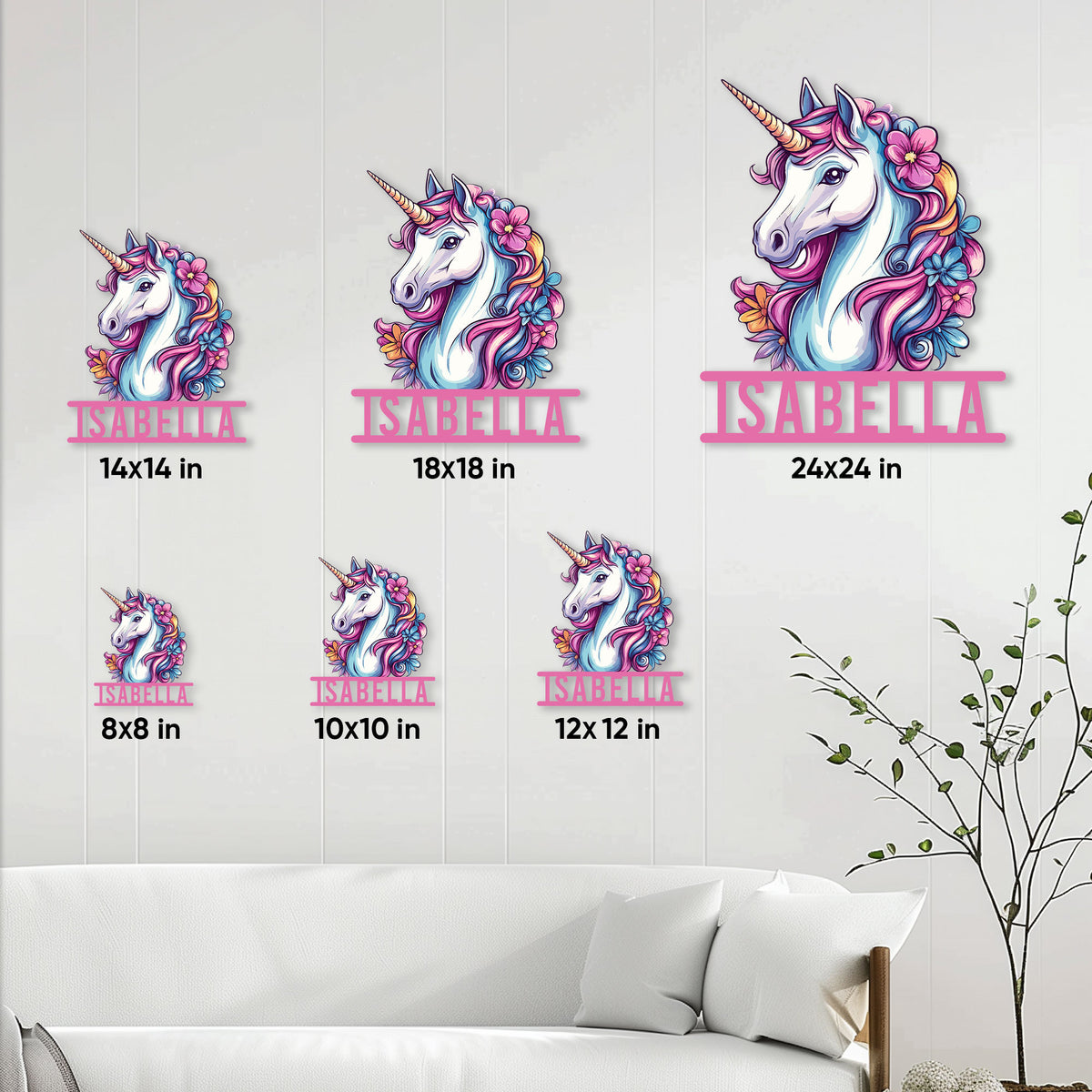 Unicorn metal sign size guide showing six square size options in a home decor setting