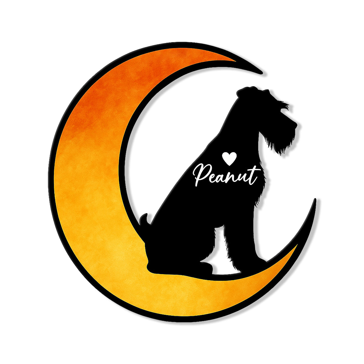 Miniature Schnauzer silhouette resting inside a bold orange crescent moon on a metal sign