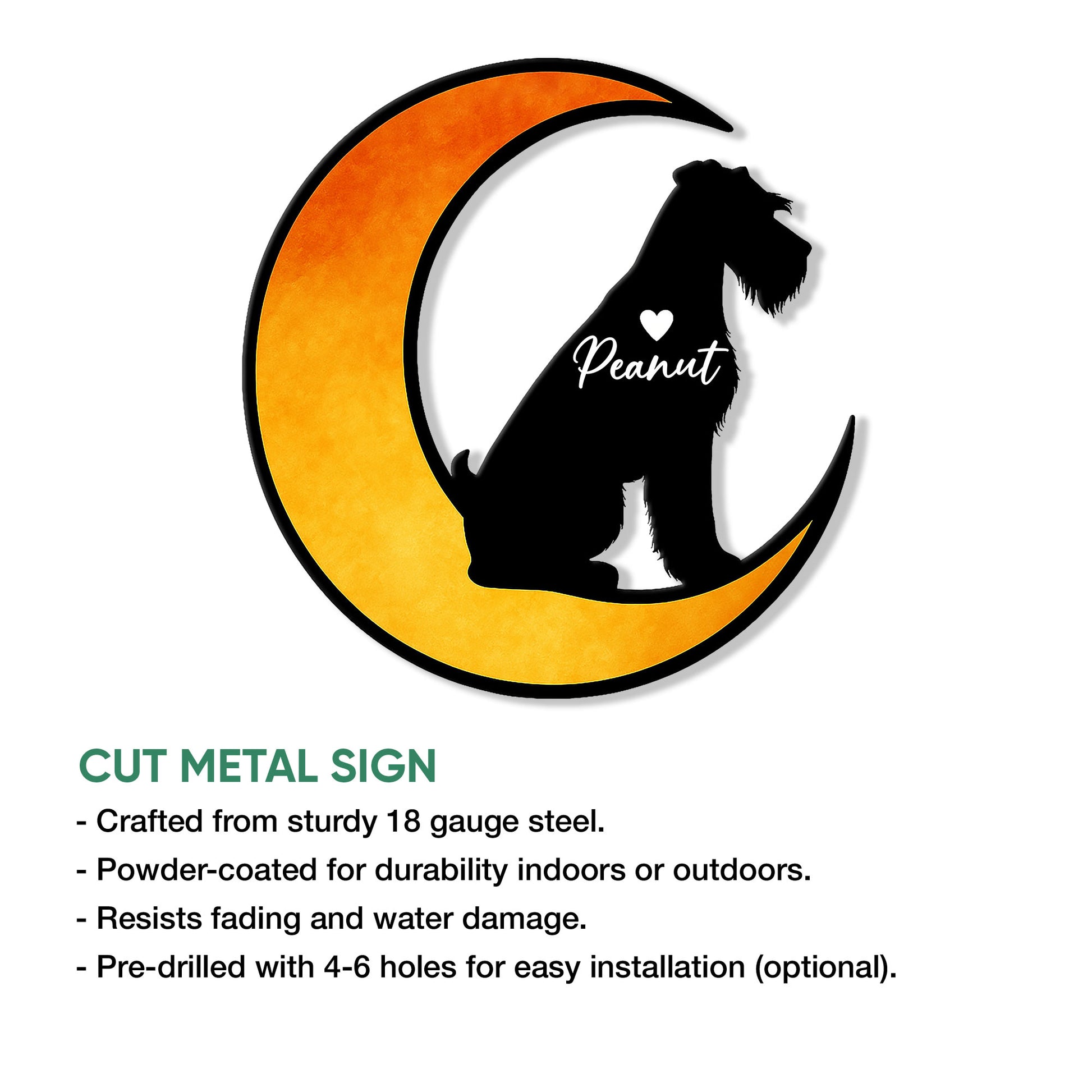 Miniature Schnauzer crescent moon metal sign shown with cut steel sign features and mounting options