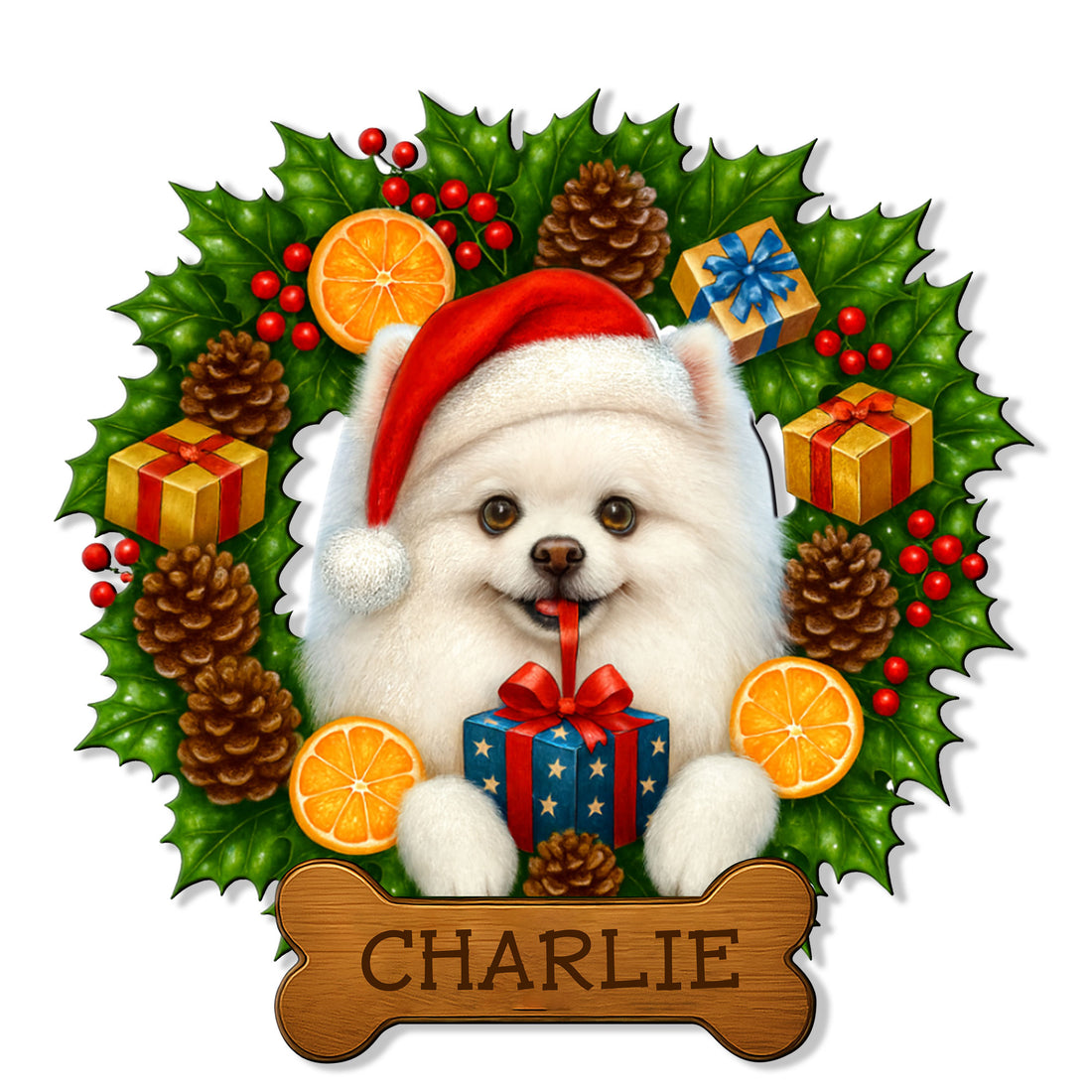 Pomeranian Christmas metal sign featuring a Santa hat, wrapped gifts, holly, pinecones, and a bone-shaped design