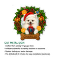 Pomeranian holiday metal sign feature graphic highlighting its cut-metal construction and indoor or outdoor display use