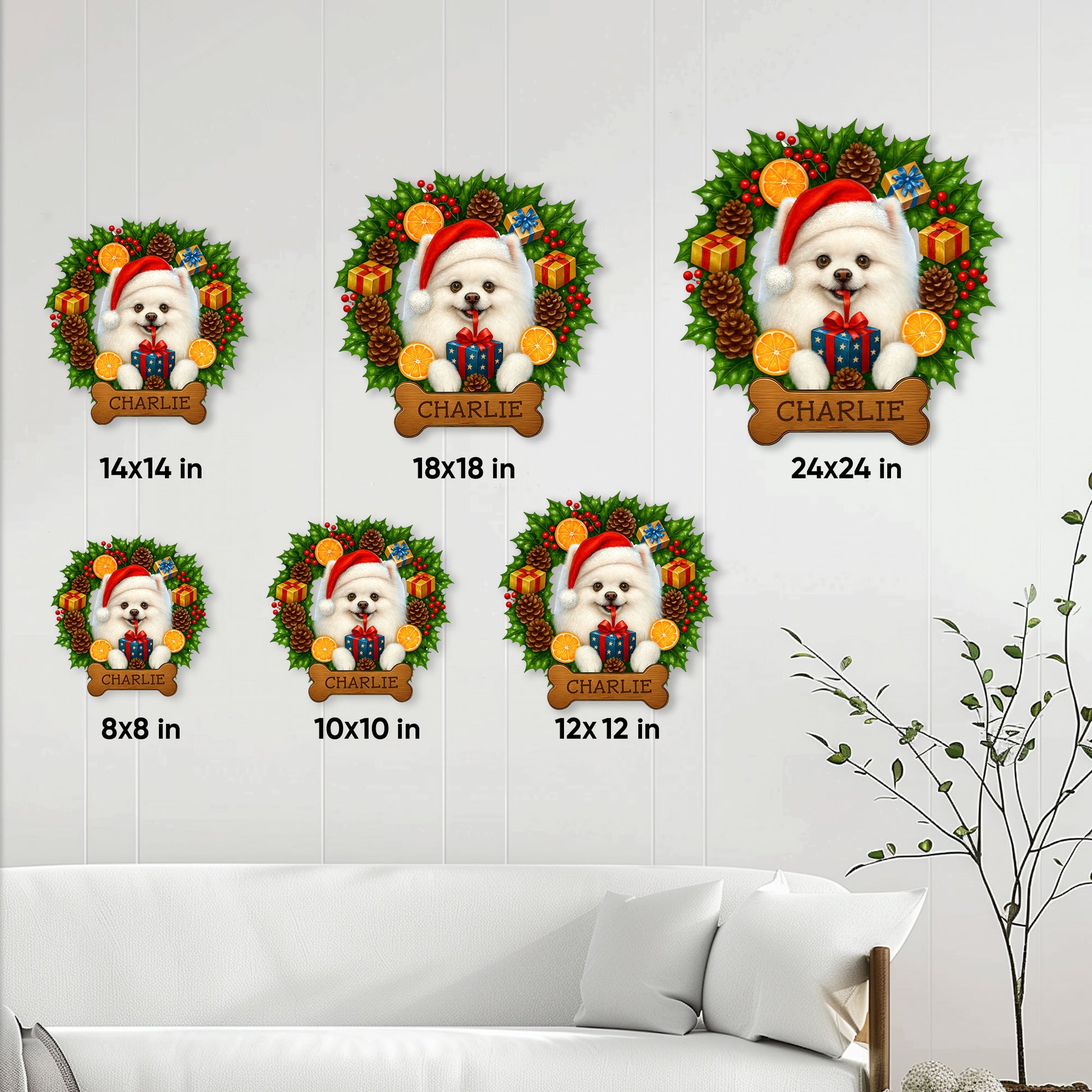 Pomeranian holiday metal sign size guide showing six available square size options in a living room setting