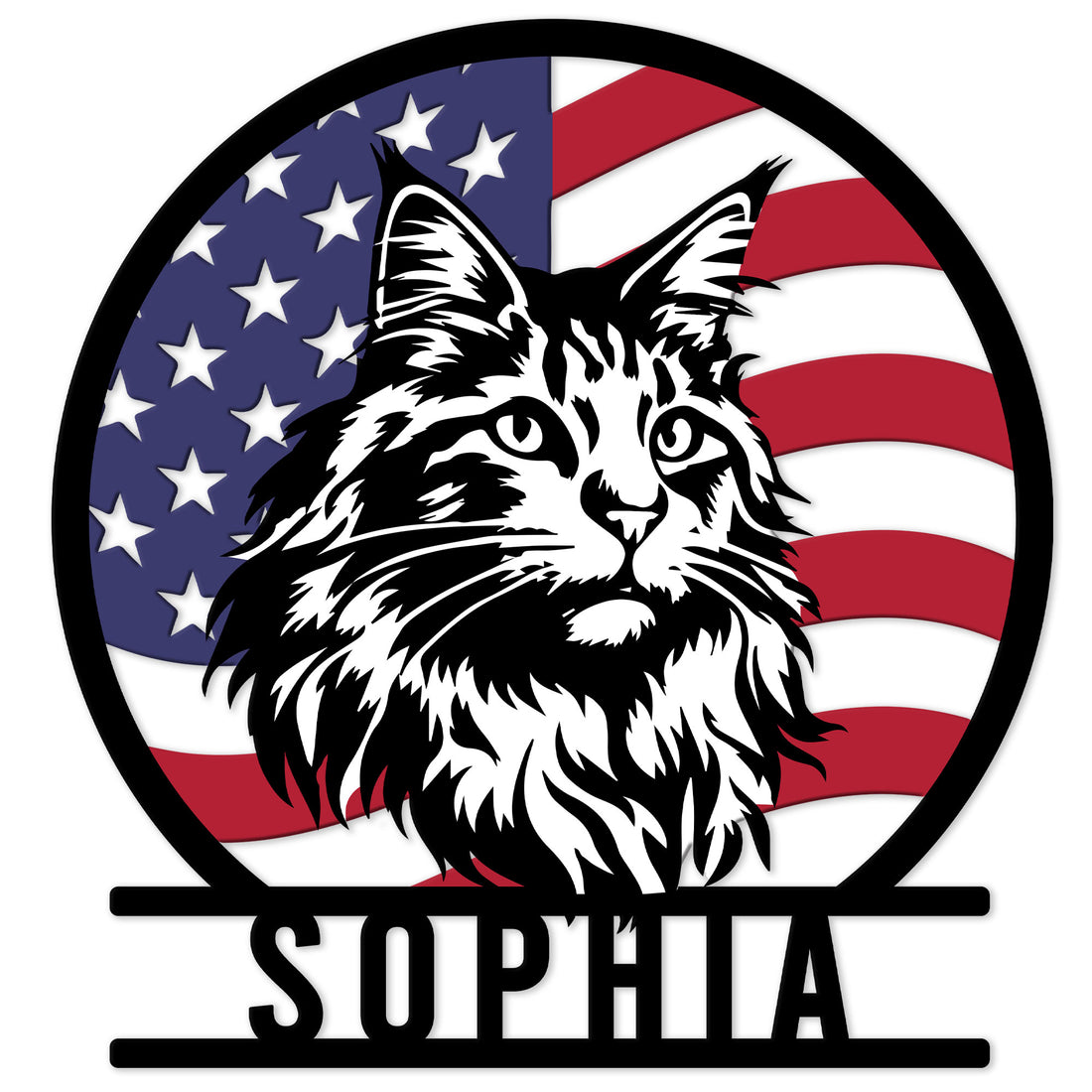 Maine Coon metal sign with a bold black-and-white cat portrait over an American flag background