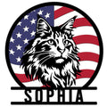 Maine Coon metal sign with a bold black-and-white cat portrait over an American flag background