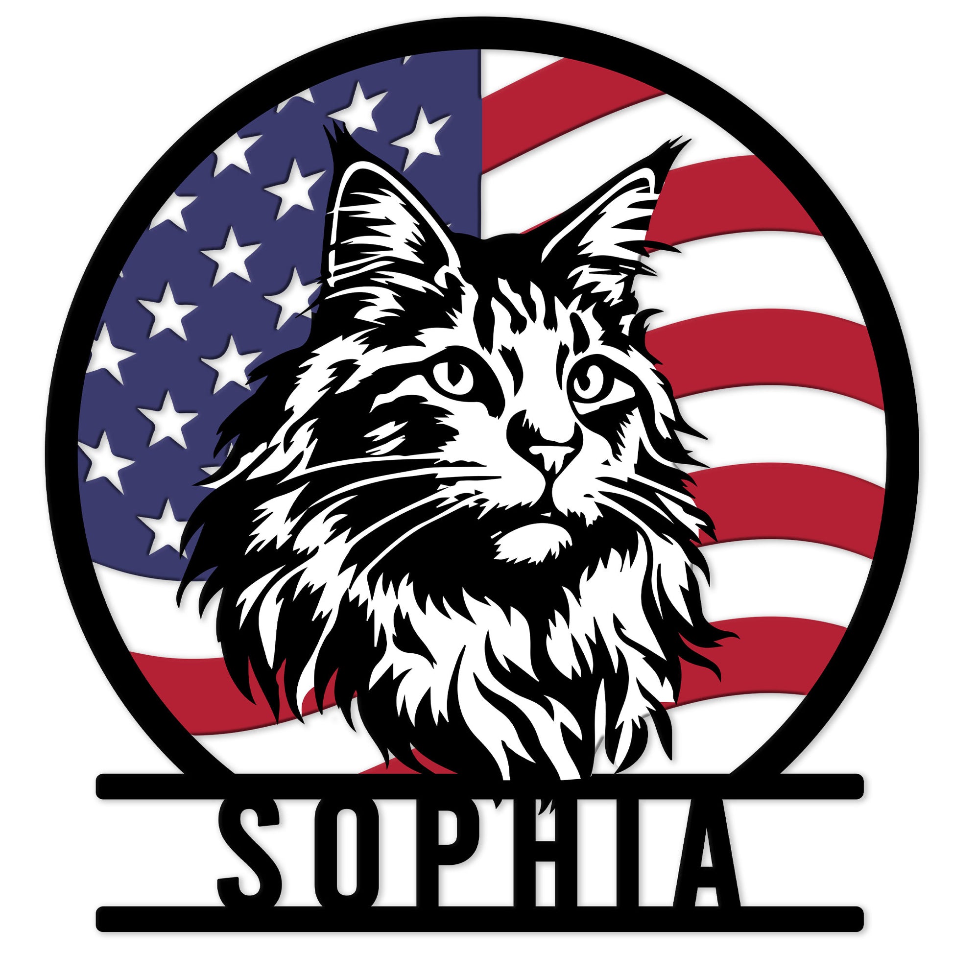 Maine Coon metal sign with a bold black-and-white cat portrait over an American flag background
