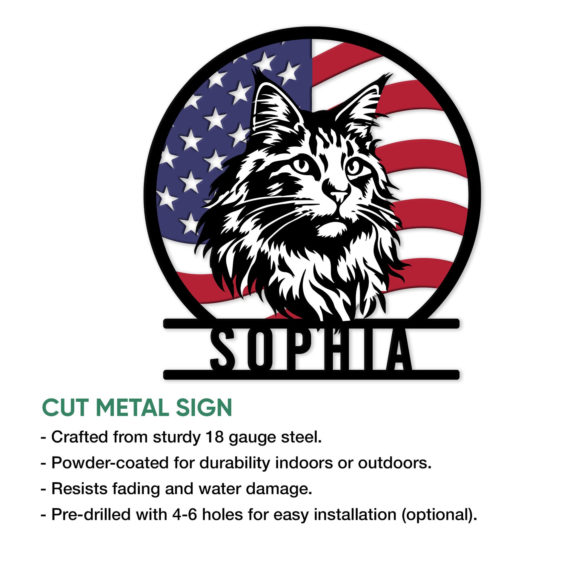 Maine Coon cat metal sign product infographic showing the cut-steel design and display features