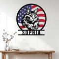 Maine Coon metal wall sign displayed on a bright paneled wall above a rustic console table