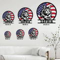 Maine Coon metal sign size guide showing multiple circular sign sizes in a living room setting
