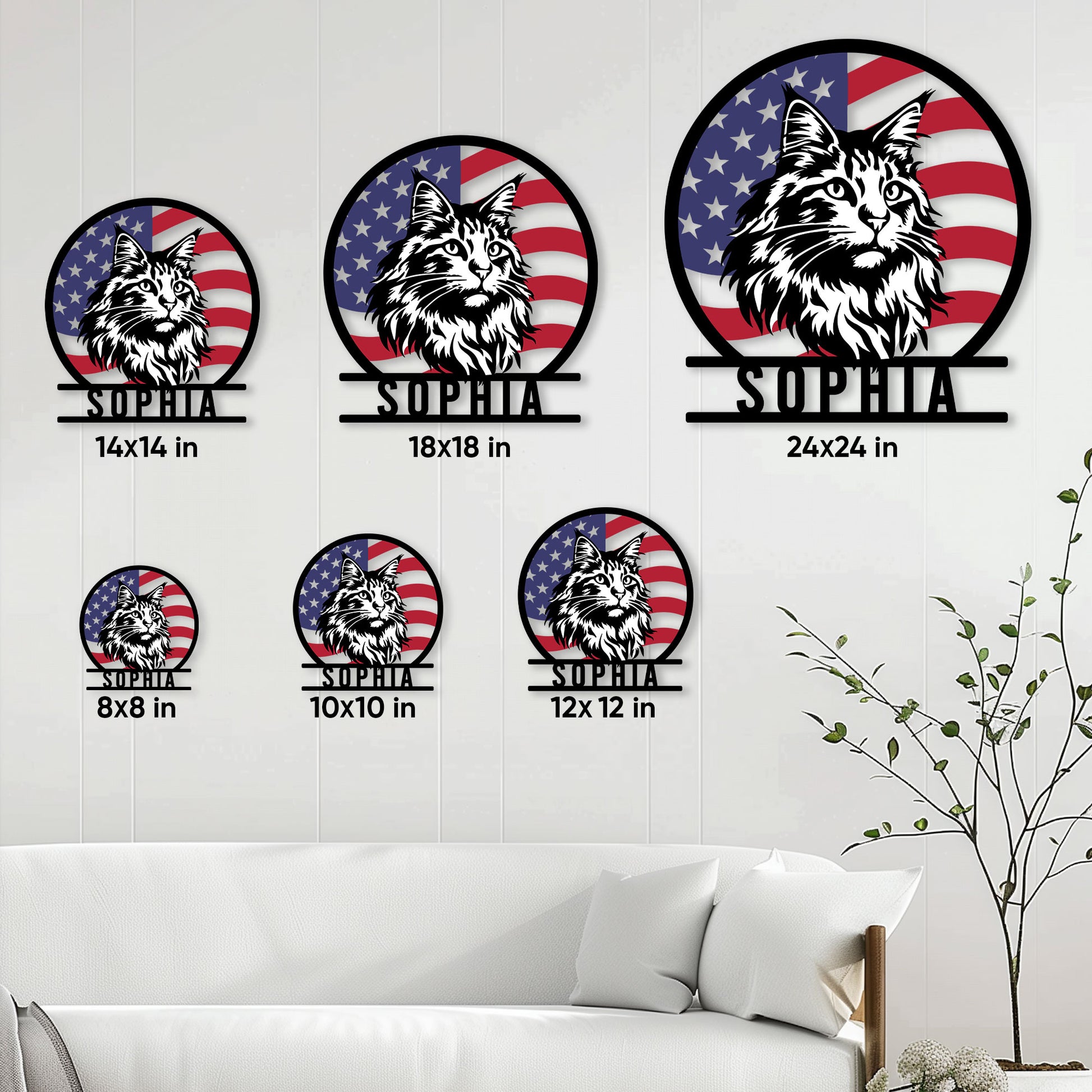 Maine Coon metal sign size guide showing multiple circular sign sizes in a living room setting