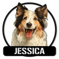 Custom Sheltie metal sign featuring a detailed tricolor Shetland Sheepdog portrait in a bold circular frame