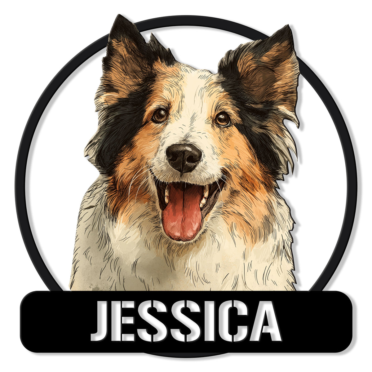 Custom Sheltie metal sign featuring a detailed tricolor Shetland Sheepdog portrait in a bold circular frame