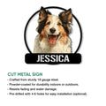 Sheltie metal sign product graphic showing the dog portrait and available cut metal sign features