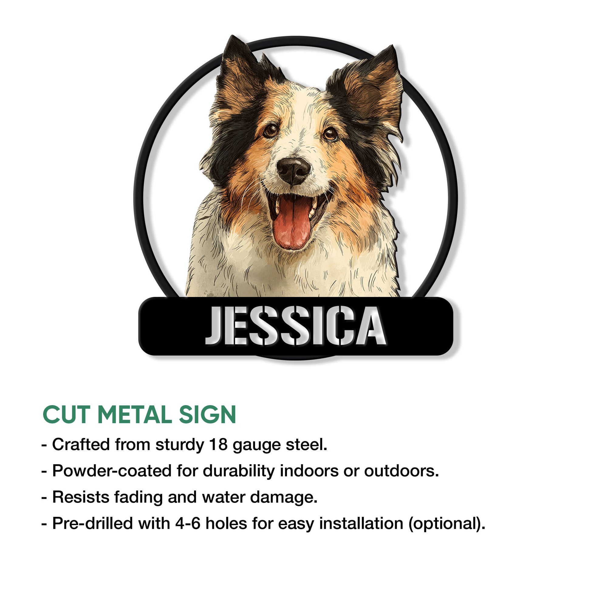 Sheltie metal sign product graphic showing the dog portrait and available cut metal sign features