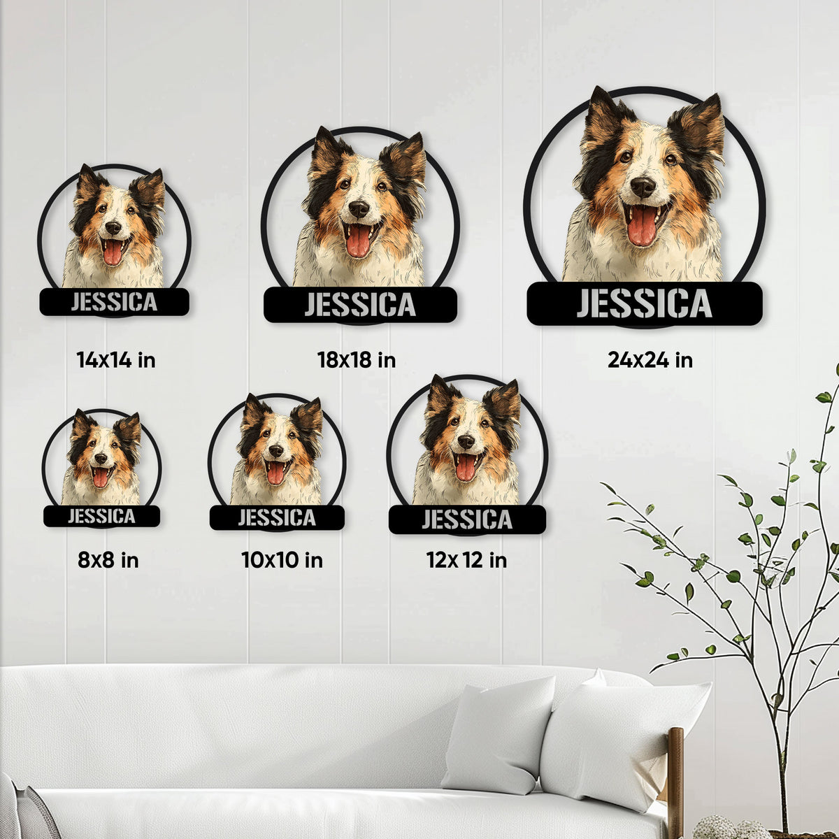 Sheltie metal sign size guide showing multiple square size options in a home decor setting