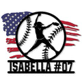 Softball metal sign with a female player silhouette inside a softball and distressed American flag design