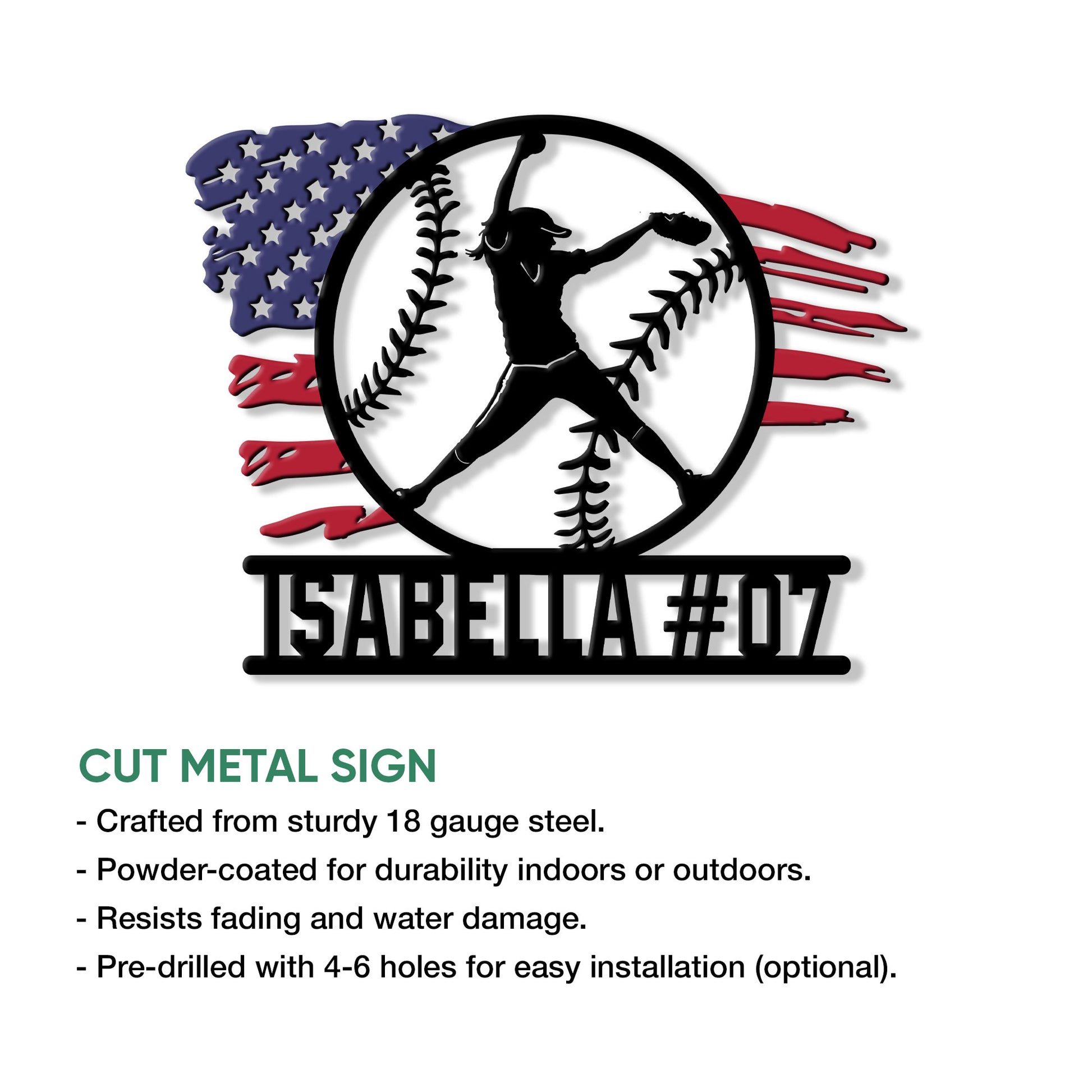 Cut metal softball sign featuring a swinging player silhouette, flag-inspired background, and bold sports artwork