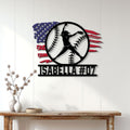 Softball player metal wall sign displayed on a white paneled wall above a wood console table