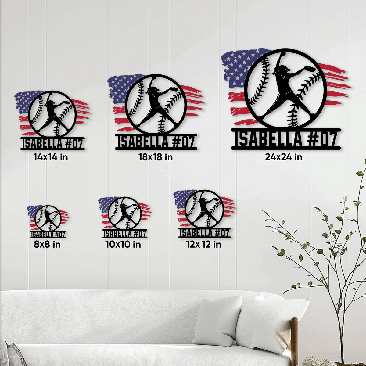 Softball metal sign size guide showing available square sizes from 8 by 8 to 24 by 24 inches